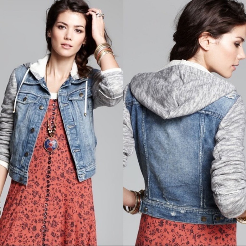 Free People Denim Hoodie Jacket Distressed Sz M